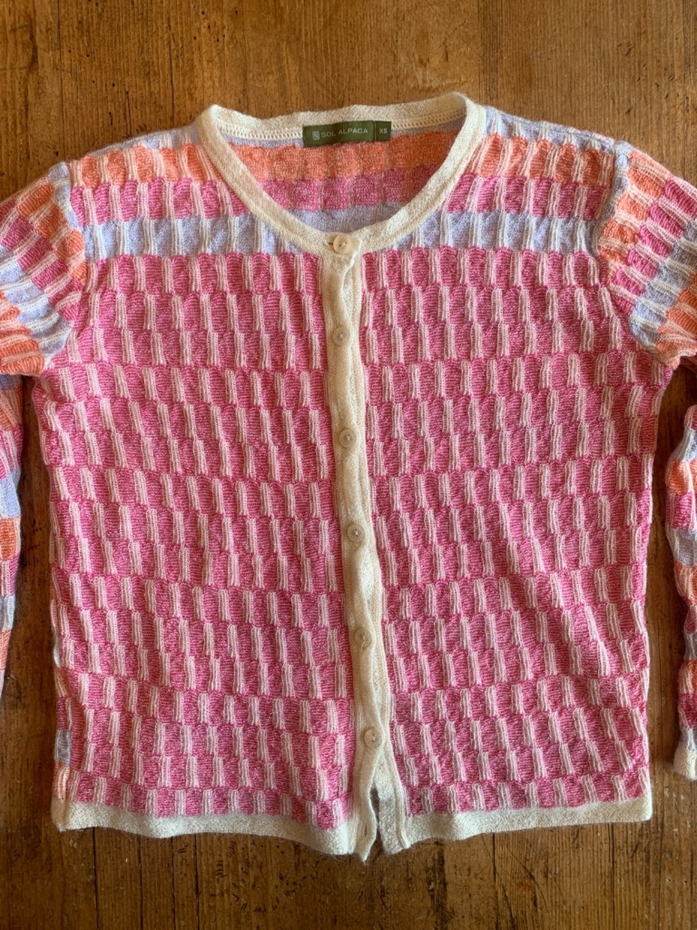 Sol Alpaca Pink Patterned Button-Front Cardigan with Cream Trim
